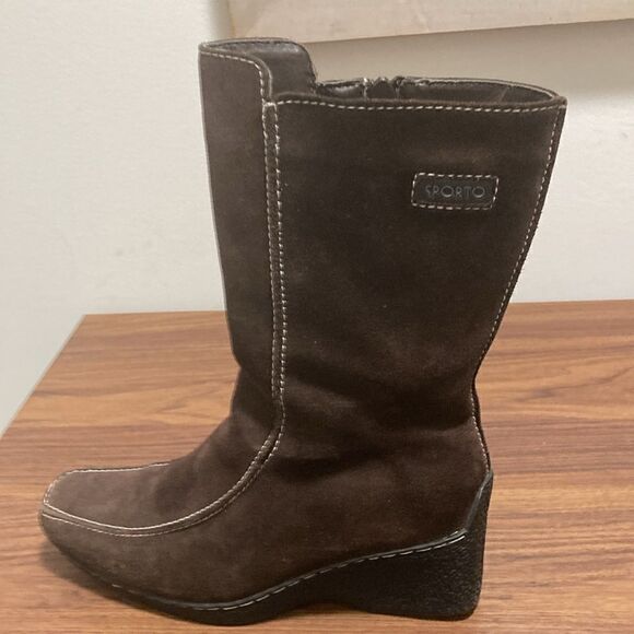 Sporto Janet Brown Suede Leather Boots with Faux Sherpa Lining & Wedge Heel. - Picture 3 of 8